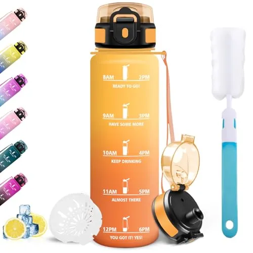 Mulbijeo Trinkflasche Sport, Auslaufsicher 1L, Motivierende mit Zeitmarkierung, Wasserflasche, Sportflasche, Trinkflasche Kohlensäure Geeignet, für Schule, Fitness, Outdoor