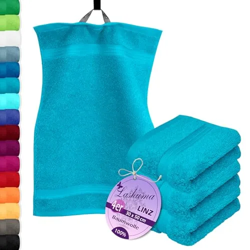 Lashuma 4X Gästetuch Set 30x50 cm in Aquamarin Blau - Flauschiges 4er Set Gästetücher in lebendigem Aquamarin Blau, ideal für kleine Hände. Hochsaugfähig und robust, perfekt für Bad und Küche. Maschinenwaschbar bei 60°C, für eine unkomplizierte Pflege.