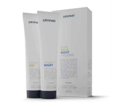 Zahnheld Zahnpasta Day & Night Zahncreme Set mit Flourid - für eine tadellose Zahnpflege, (Minzgeschmack, 6-facher Wirkstoffkomplex, 2 x 75ml Tube) Hyaluron, Flourid, Zellulose, Hydroxylapatit, Calcium & Zink-PCA