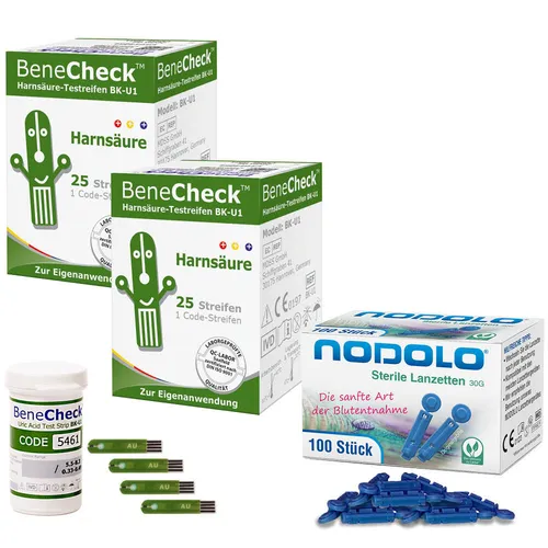 BeneCheck Harnsäure Teststreifen mit 100 Nodolo Lanzetten von BeneCheck