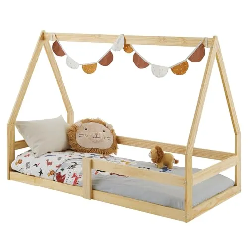 IDIMEX Hausbett Tami Kinderbett, 70 x 140 cm, Natur - Kleinkindbett aus Kiefernholz mit Rundum Fallschutz, ideal für sicheres Schlafen und Spielen, fördert Unabhängigkeit und Kreativität im Montessori-Stil.