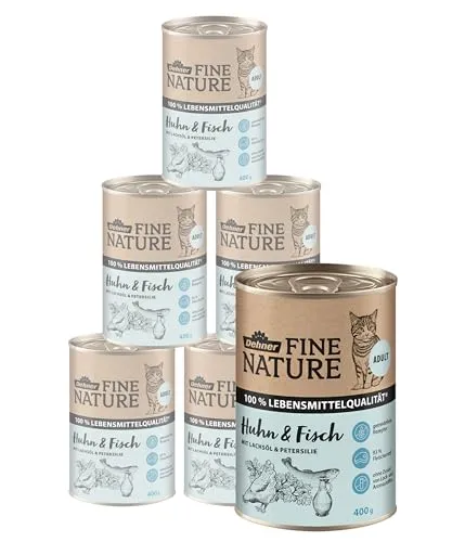 Dehner Fine Nature Katzenfutter, getreidefreies Nassfutter für Katzen - Dosenfutter für Katzen, 100 % Lebensmittelqualität mit Lachsöl und Taurin, frei von Farb- und Konservierungsstoffen – das Beste aus der Natur für Ihre Katze!