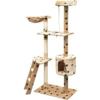 vidaXL Katzen-Kratzbaum Sisal 150 cm Beige mit Pfoten-Aufdruck - Kratzbaum für Katzen, mehrstöckig mit Sisalseilen und Spielzeug, ideal für Krallenschärfen und Entspannung – der perfekte Rückzugsort für Ihre Stubentiger!