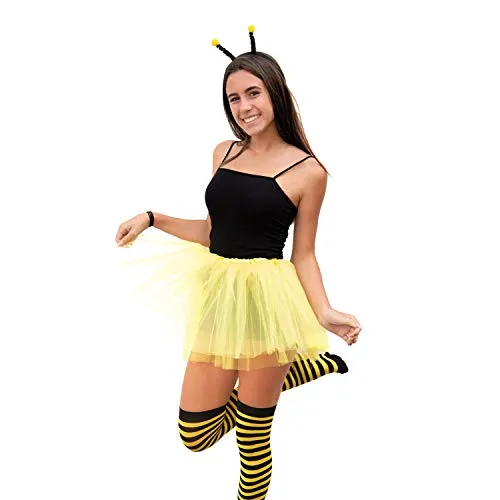 Oblique Unique® Sexy Biene Kostüm Accessoire Set für Damen mit Bienen Wackel Bommel Haarreifen + Ringel Strumpfhose für Fasching Karneval Motto Party Gelb Schwarz