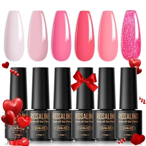ROSALIND UV Nagellack Rosa, 6 Pastell Farben Mini Gel Nagellack, UV Set Weiß Hellrosa Dunkelrosa Glitzer Rosa Soak Off Nail Polish für Anfänger Nail Art Salon DIY Home