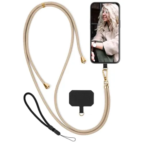 moex Unleash für HMD Skyline Handyband zum Umhängen ohne Hülle, Handykette Universal mit Karabiner, Handy Band abnehmbar, Kette mit Pad für Handyhülle, Beige, Gold
