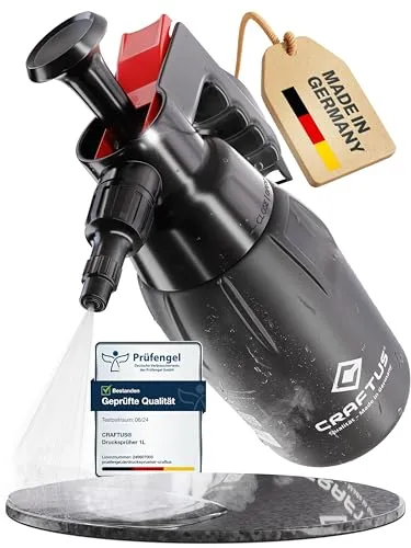 CRAFTUS® Drucksprüher 1L für gleichmäßige Verteilung von Flüssigkeit I Pumpsprühflasche für KFZ, Haus, Garten, Reinigungsmittel UVM. I Pumpflasche mit Überdruckventil & Verstellbarer Düse