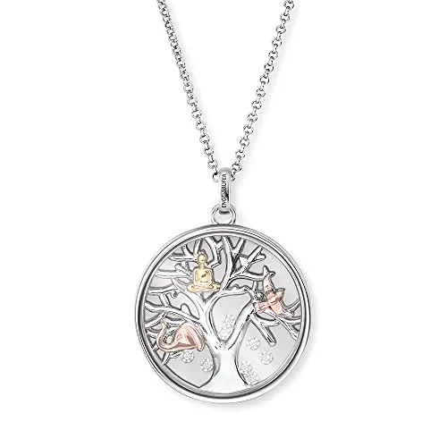 Engelsrufer Damen-Halskette mit Lebensbaum-Anhänger - Elegante Halskette aus Sterling-Silber in Tricolor mit einem Lebensbaum-Anhänger und Zirkonia, symbolisiert Harmonie und Lebensfreude, verstellbar in 3 Längen.