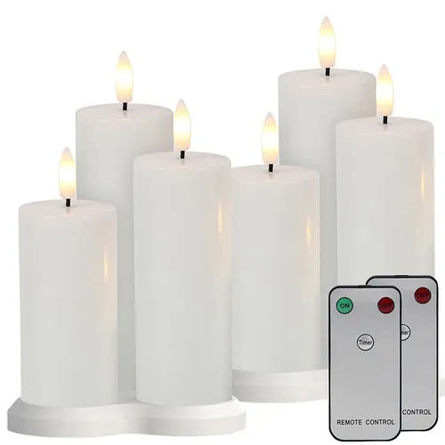 Lunartec 6 Akku-LED-Stumpenkerzen mit Dochten, Flammen-Effekt und Timer