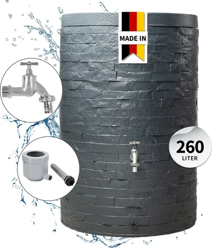 GARANTIA MURO Regenspeicher Komplett-Set 260 L graphite grey - Regentonnen Komplett-Set mit Chrom-Auslaufhahn und Fallrohranschluss, 260 Liter Volumen, in täuschend echter Steinoptik für nachhaltige Gartenbewässerung.