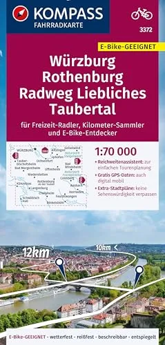 KOMPASS Fahrradkarte 3372 Würzburg, Rothenburg, Radweg Liebliches Taubertal 1:70.000: reiß- und wetterfest mit Extra-Stadtplänen