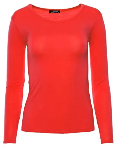 Easy Young Fashion - Damen Basic Rundhals Shirt - Langarm Unterziehshirt - Skinny Fit 1093 - Rot XL