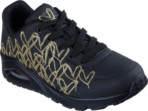 Skechers Uno Golden Heart Damen Sneaker Schwarz EU 38 - Sneaker im einzigartigen Lovewall-Herzdesign von James Goldcrown, mit Skechers Air-Cooled Memory Foam für überlegenen Komfort und einem auffälligen goldenen Akzent.