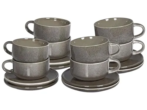 Set aus 8 Tassen mit Untertassen Tee Kaffee Steingut Kaolin Handgefertigt Reaktive Glasur Finish Grau Costmary