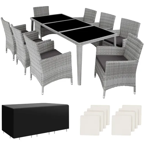 tectake® Rattan Sitzgruppe Menorca 8+1 - Gartenmöbel Set aus wetterfestem Rattan mit Aluminiumgestell, ideal für gesellige Sommerabende im Freien, inklusive 2 Bezugssets und Schutzhülle.