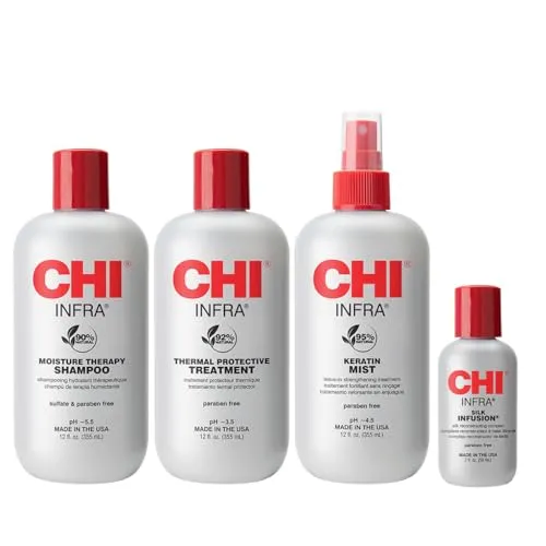 CHI Home Stylist Kit - Haarpflege Set mit 4 Produkten - Hochwertiges Shampoo-Set für gesunde Kopfhaut und glänzendes Haar. Enthält CHI Infra Shampoo, Behandlung, Keratin Mist und Silk Infusion für Schutz und Geschmeidigkeit.