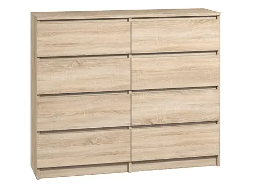 roe furniture Kommode mit 8 Schubladen, Komodenschrank 140 cm Breit, Schubladenschrank für Schlafzimmer, Wohnzimmer, Flur – Modern, Grifflose Front – 140x35x98,7 cm