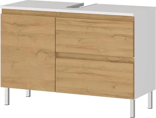Germania Waschbeckenunterschrank 4331-559 GW-Torrance - Unterschrank fürs Bad in Weiß/Gandson-Eiche-Nb., mit grifflosen Türen und sanft schließendem Design für leise Nutzung. Ideal für stilvolle und funktionale Badgestaltung, Made in Germany.