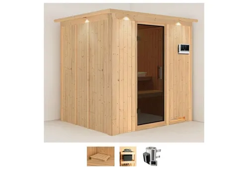 Karibu Sauna Dima 210 x 184 x 202 cm - Innensauna mit 68 mm Wandstärke und 3,6 kW Plug & Play Ofen, ideal für entspannende Saunagänge und gesundheitliche Vorteile wie Muskelentspannung und Hautreinigung.