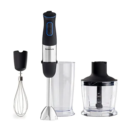 Taurus Stabmixer HBA1000X - 1000W. Enthält Zerkleinerer, Messbecher und Emulgator. Anti-Spritzwasser. 20 Gänge. Turbo-Funktion. Soft-Touch-Griff. Rostfreier Stahl.