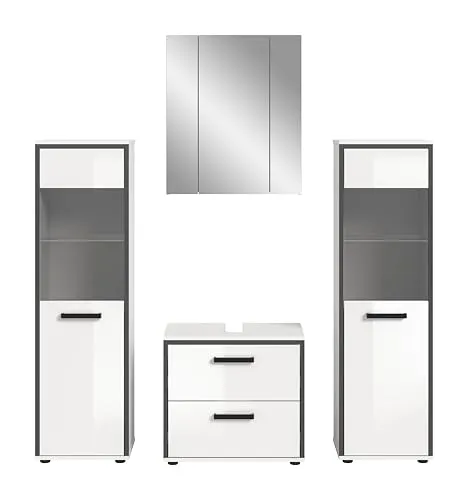 xonox Badezimmer Kojak 4-tlg. Badkombination in Weiß - Moderne Badkombination mit 4 Teilen: Spiegelschrank, Waschbeckenunterschrank und 2 Midischränken. Kratzfest und wasserabweisend für eine langlebige Nutzung. Hochglänzendes Finish und verstellbare Einlegeböden bieten optimale Flexibilität im Badezimmer.