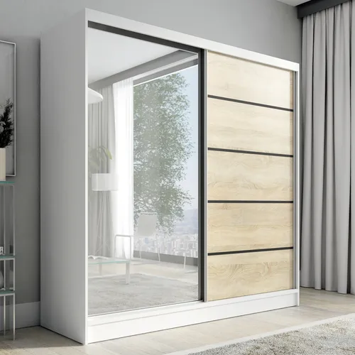 Schwebetürenschrank NERO 2 - 200 cm mit Spiegel - Moderner Schwebetürenschrank in Weiß/Braun, 200 cm breit, mit hochwertigem Aluminium-Schiebetürsystem für müheloses Öffnen und stilvolles Design.