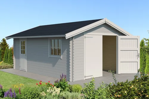 Garage Satteldach 40 mm Yarik grau 400x560 cm - Robuste Blockbohlen-Garage mit abschließbarem Satteldach, ideal für die sichere Aufbewahrung von Fahrzeugen und Gartenutensilien. Nutzfläche von 19,79 m² und hochwertige Holzverarbeitung.