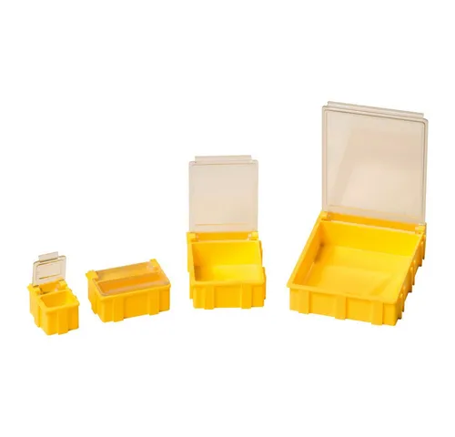 WETEC IDP-SMD-Klappbox, ESD, 37 x 12 x 15 mm, transparent - Praktische Klappbox für die gewerbliche Lagerung, mit selbsttätig schließendem Deckel und volumenleitfähigem Material, ideal für die sichere Aufbewahrung von kleinen Bauteilen.