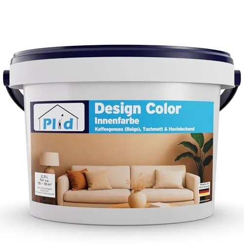 Plid® Design Innenfarbe Beige 2.5L - Hochdeckend für perfekten Anstrich - Farbe für Innenräume – Erreiche mit nur einem Anstrich eine gleichmäßige, matte Oberfläche. Ergiebig für bis zu 18 m², schnelltrocknend und geruchsarm, ideal für Renovierungen.