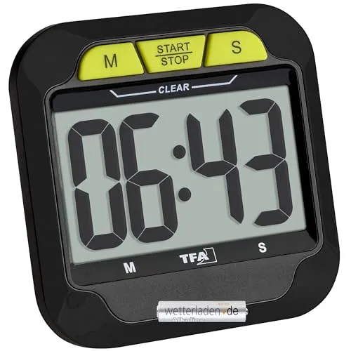 TFA Dostmann Digitaler Kurzzeitwecker & Stoppuhr 38.2054.01 – 99-Minuten Timer mit Magnet, Tisch- & Wandmontage, Alarm,– Ideal für Küche, Schule, Sport & Büro (Schwarz mit Batterie)