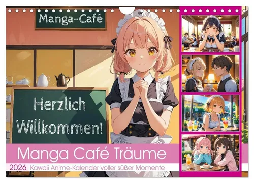 Manga Café Träume - Kawaii Anime-Kalender 2025 - Kalender mit 14 liebevoll illustrierten Kawaii-Manga-Momenten, ideal für Anime-Fans und eine süße Dekoration für jeden Raum.