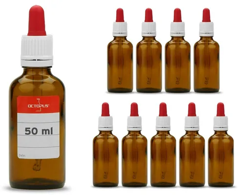 OCTOPUS Pipettenflasche 10 Braunglasflaschen 50ml, G18, Glaspipette lang, Gummikappe rot (10 St)