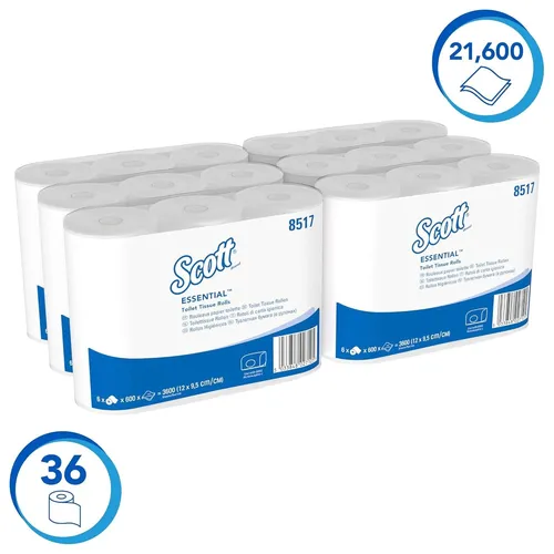 Kimberly Clark 8517 Scott 600 Toilettenpapier - 36 Rollen, 2-lagig und insgesamt 21.600 Blätter, ideal für hohe Ansprüche in Haushalten oder Büros. Perfekt für unseren Spender im Shop.