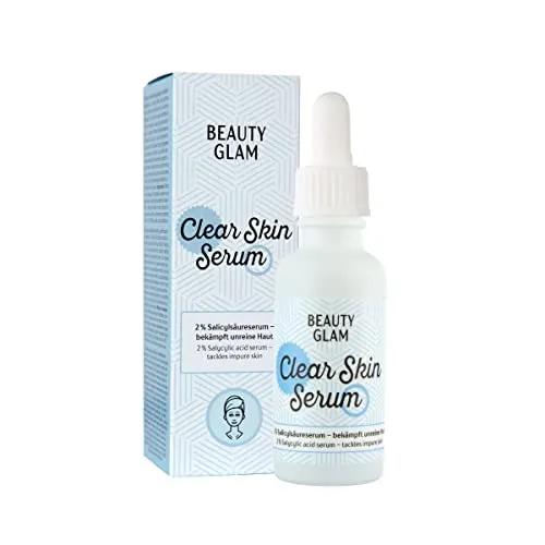 BEAUTY GLAM Clear Skin Serum 30 ml - Gesichtsserum gegen Akne mit 2% Salicylsäure (BHA) für ein klareres Hautbild. Vegan, ohne Parfum und Made in Germany - ideal für unreine Haut.