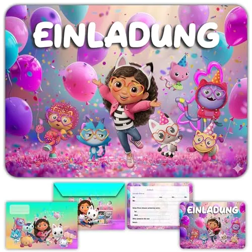 Glowiibo Set mit 12 Katze Einladungskarten Kindergeburtstag Mädchen mit passenden Umschlägen – für Kinder, Mädchen und Teenagerinnen - Vorgefüllte Karten auf Deutsch für Geburtstagsparty und Feier