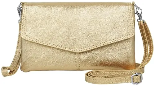 Caspar Elegante Leder Clutch Abendtasche aus samtweichem Nappaleder Damen Umhängetasche - PREMIUM LINE - Modell No.322 - Made in Italy, Farbe:gold metallic, Accessoires:One Size