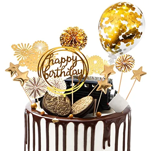 Tortendeko 13 stücke Kuchen deko Cake Topper kuchendeko Geburtstagstorte goldenen Papier Fans alles Gute zum Geburtstag Pailletten Ballon Feuerwerk Sterne für Gold Thema Geburtstagsfeier Jubiläum