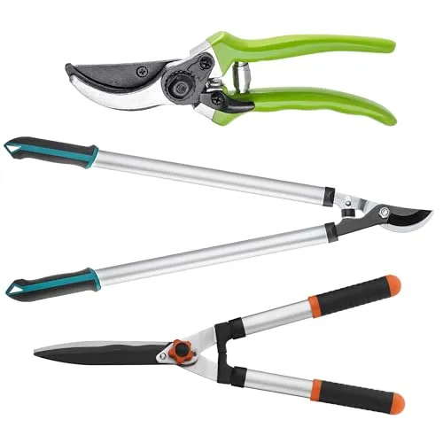 KADAX Bypass-Schere, Astschere und Heckenschere mit rutschfesten Griffen, Gartenschere mit Antihaftbeschichteten Klingen, Gartenwerkzeuge aus Stahl (3er Set: 21cm + 58cm + 72cm)