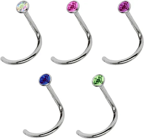 Titan Nasenpiercing SET 5 Nasenstecker Nose Studs 0,8mm Spirale + Kristall Stein