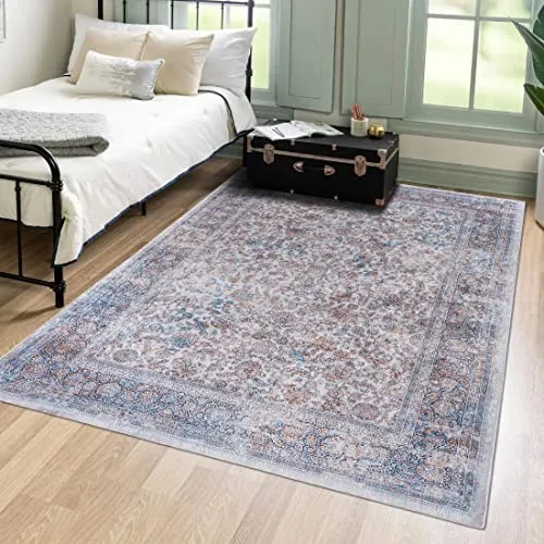 Mazovia Orientalisch Vintage Teppich - Waschbar und Rutschfest - Grau 80 x 150 cm - Vielseitiger Kurzflor Teppich mit rutschfester Unterseite und maschinenwaschbarem Material. Ideal für Wohnzimmer, Schlafzimmer oder Flur – sorgt für Komfort und einfache Pflege.
