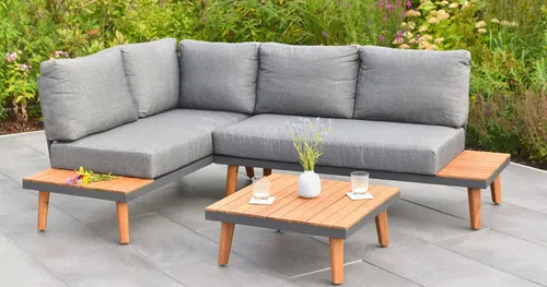 Merxx Attika Eckset mit Tisch und Bank - Gartenmöbel-Set mit modernem Design, bestehend aus einer bequemen Eckbank und einem 65 x 65 cm Tisch aus Akazienholz, ideal für Balkon oder Terrasse.