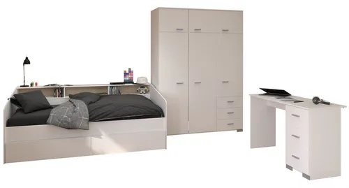 58aufmkessel Kinderzimmer-Set in Weiß und Eiche - Komplettes Kinderzimmer-Set für stilvolle Jugendmöbel. Mit Stauraumbett, Kleiderschrank und Schreibtisch bietet es viel Platz und praktische Lösungen für jedes Kinderzimmer.