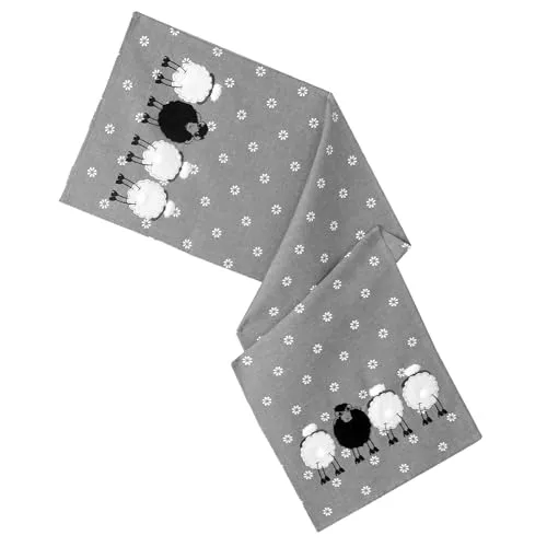 Tischdecke Schwarzes Schaf Ostern Deko Tischwäsche mit Applikation Leinen-Optik Bestickt Osterdeko Gedeckter Tisch Tischdeko Typ885 Tischläufer 40x140 cm grau