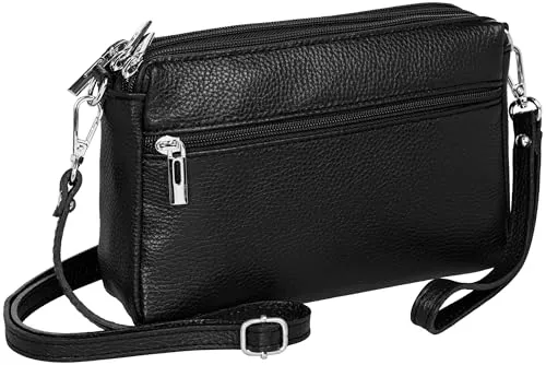 Caspar kleine Leder Umhängetasche Crossbody Bag elegante Damen Tasche mit 3 Fächern - CLASSIC LINE - Modell No.815 - Made in Italy, Farbe:schwarz