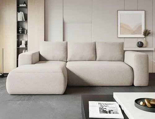 Sofa mit Schlaffunktion und Bettkasten - Ecksofa fur 3 Personen - LAMBI - Bequem Schlafsofa - L-Form - Modern Couch 266x164x89 cm - Ecke Links - Hell Beige - MODERNO