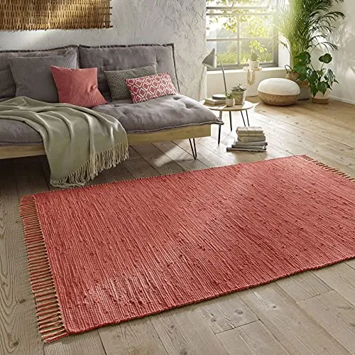 Taracarpet Handwebteppich Läufer - Uni Waschbar Baumwolle 140x200 cm Rot - Läufer aus 100% Baumwolle, beidseitig verwendbar und pflegeleicht. Ideal für Wohnzimmer und Küche, waschbar bei 30 Grad, für eine kuschelige Atmosphäre.