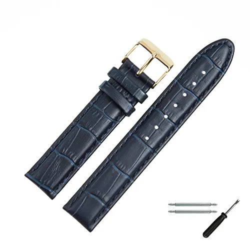MARBURGER Uhrenarmband 18mm Leder Blau Gold Alligator Prägung Mit Naht - Montage Set 1391850000220