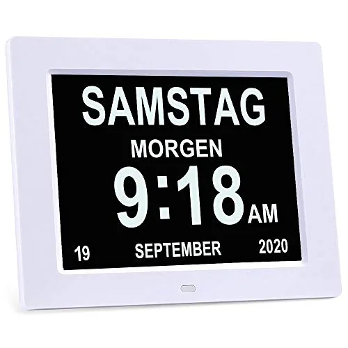 Ykall 20,3 cm (8 Zoll) LCD-Digitaluhr, Kalender mit Datum, Tag und Uhrzeit, Nicht abgekürzt, automatische Dimmung, 8 Sprachen, HD-Display, Erinnerung für Alzheimer, ältere Menschen und Kinder,