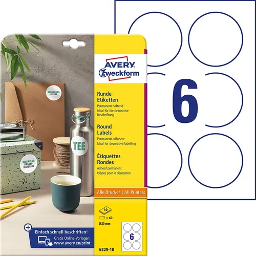 AVERY Zweckform Kennzeichnungs-Etiketten Durchmesser: 80 mm weiß rund 60 Etikett