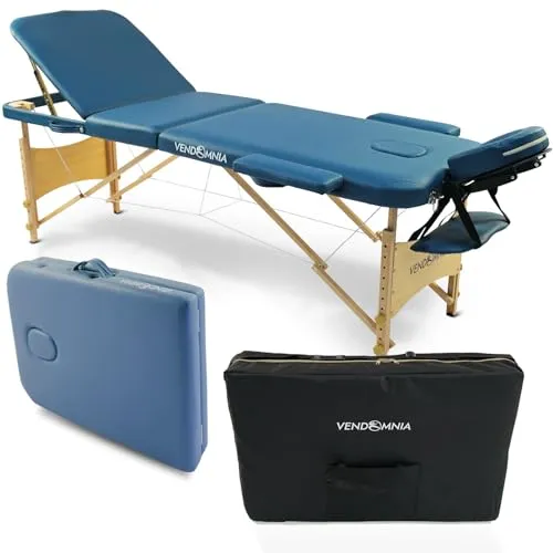VENDOMNIA Mobile Massageliege mit Holzfüßen – Höhenverstellbar & Klappbar - Praktische, tragbare Massageliege mit 3 Zonen und hochwertiger Kopfstütze. Ideal für mobile Anwendungen in Massage, Physiotherapie oder Schönheitspflege. Kompakt, leicht und einfach zu transportieren.